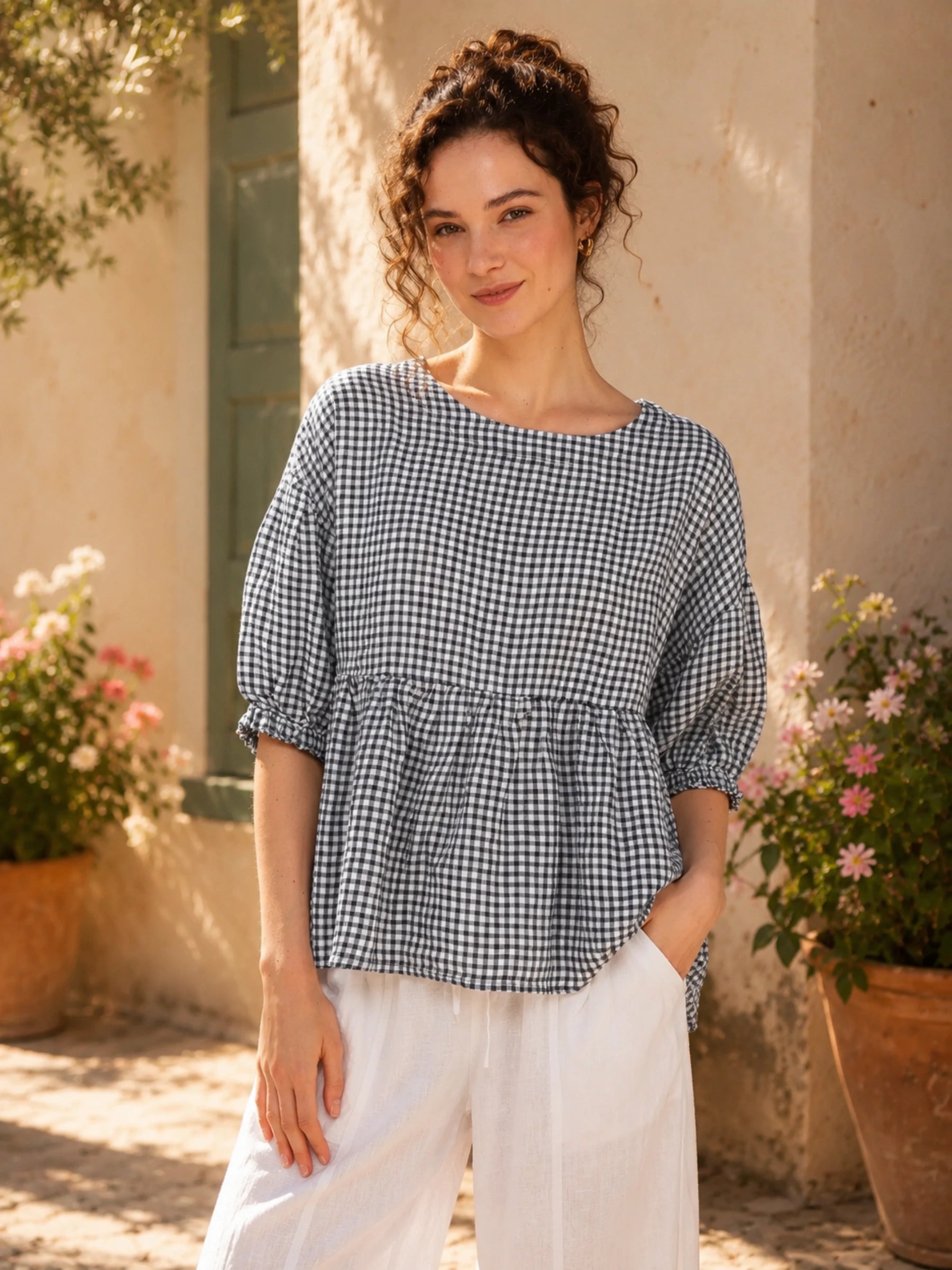 100% Linen Gingham Lantern Sleeve Peplum Blouse
