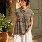 100% Linen Plaid Collar Half Button Blouse