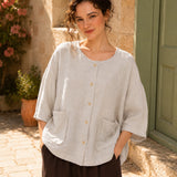 100% Linen Round Neck 3/4 Sleeve Patch Pocket Blouse