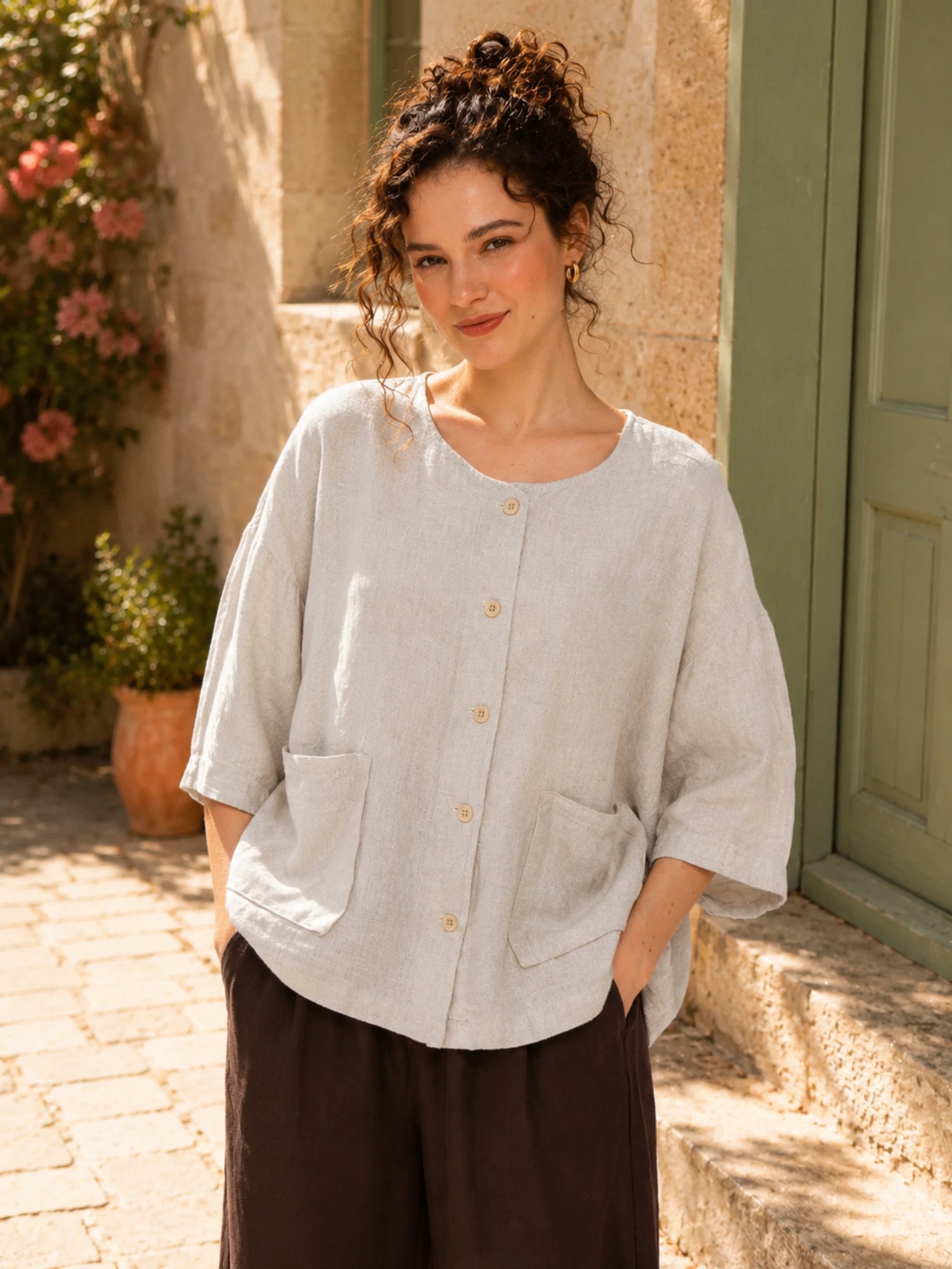 100% Linen Round Neck 3/4 Sleeve Patch Pocket Blouse