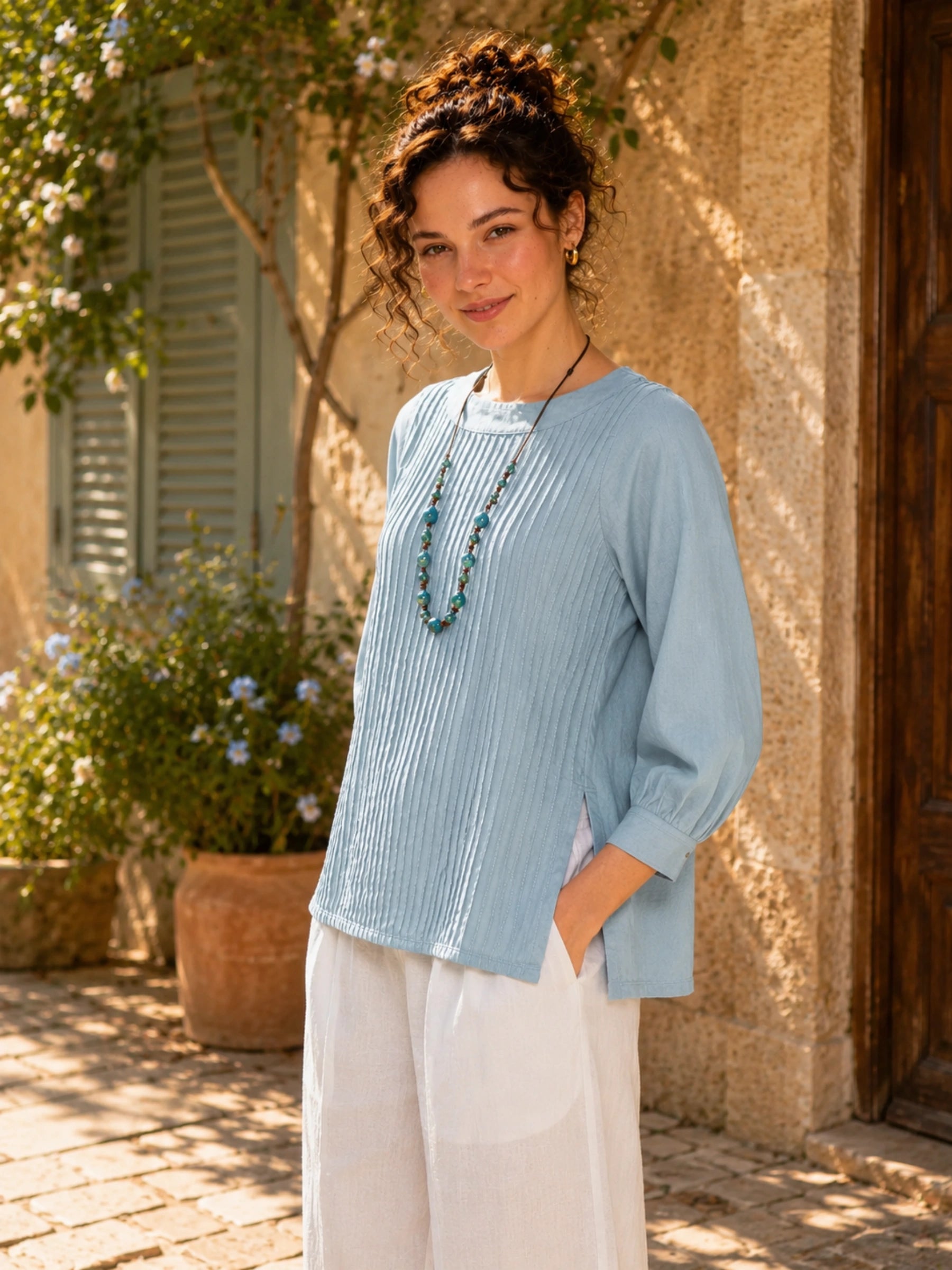 100% Linen Pleated Long Sleeve Blouse