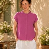 100% Linen Mandarin Frill Neck Full Button Blouse