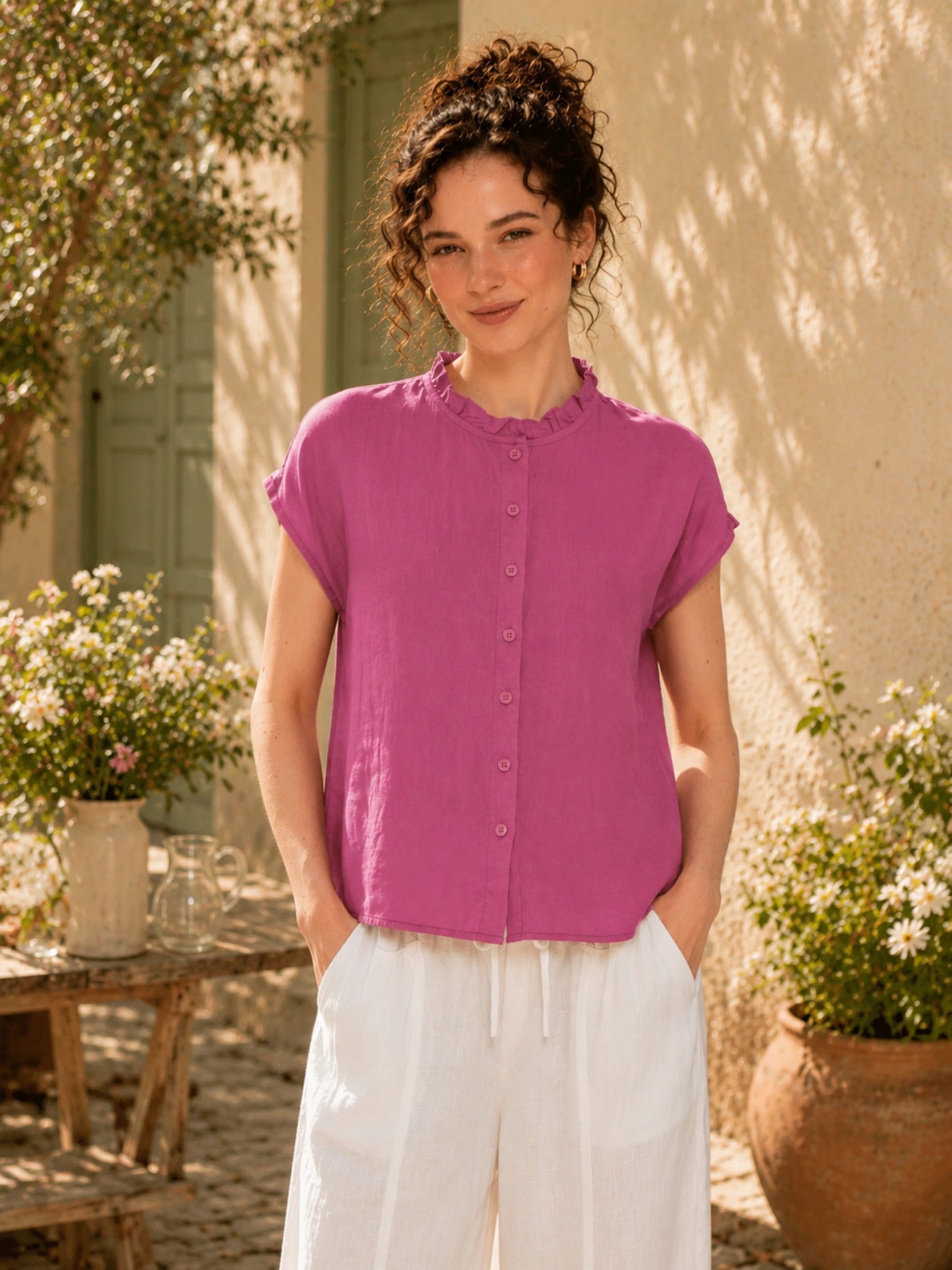 100% Linen Mandarin Frill Neck Full Button Blouse
