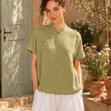 100% Linen Mandarin Collar Asymmetric Short Sleeve Blouse