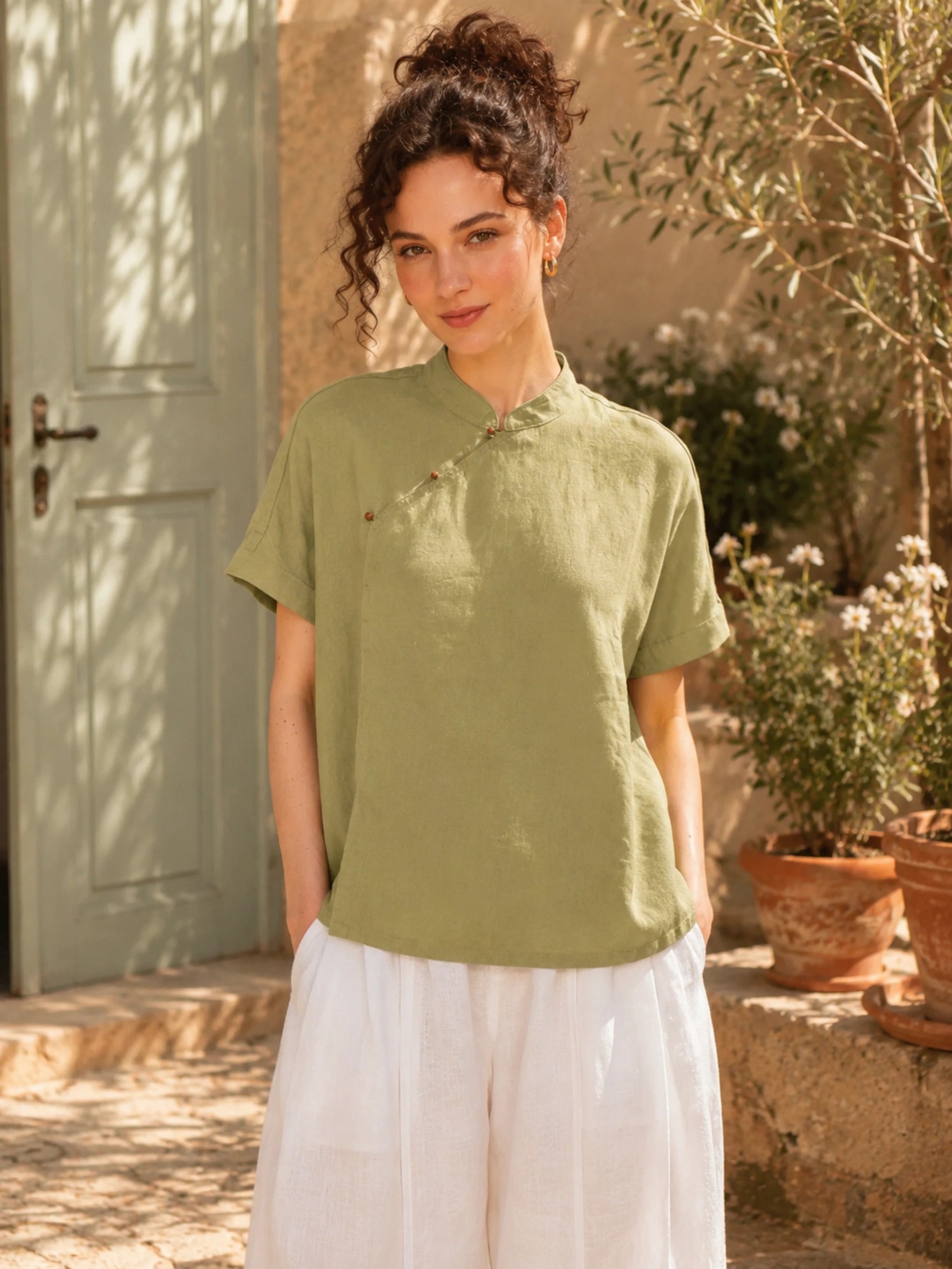 100% Linen Mandarin Collar Asymmetric Short Sleeve Blouse
