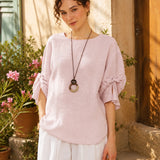100% Linen Blouse Round Neck Twist Cuff Half Sleeve Blouse