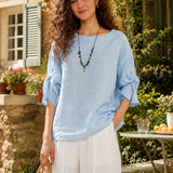 100% Linen Blouse Round Neck Twist Cuff Half Sleeve Blouse