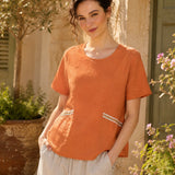 100% Linen Round Neck Beaded Woven Detail Short Sleeve Blouse