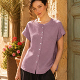 100% Linen Mandarin Collar Cap Sleeve Full Button Blouse