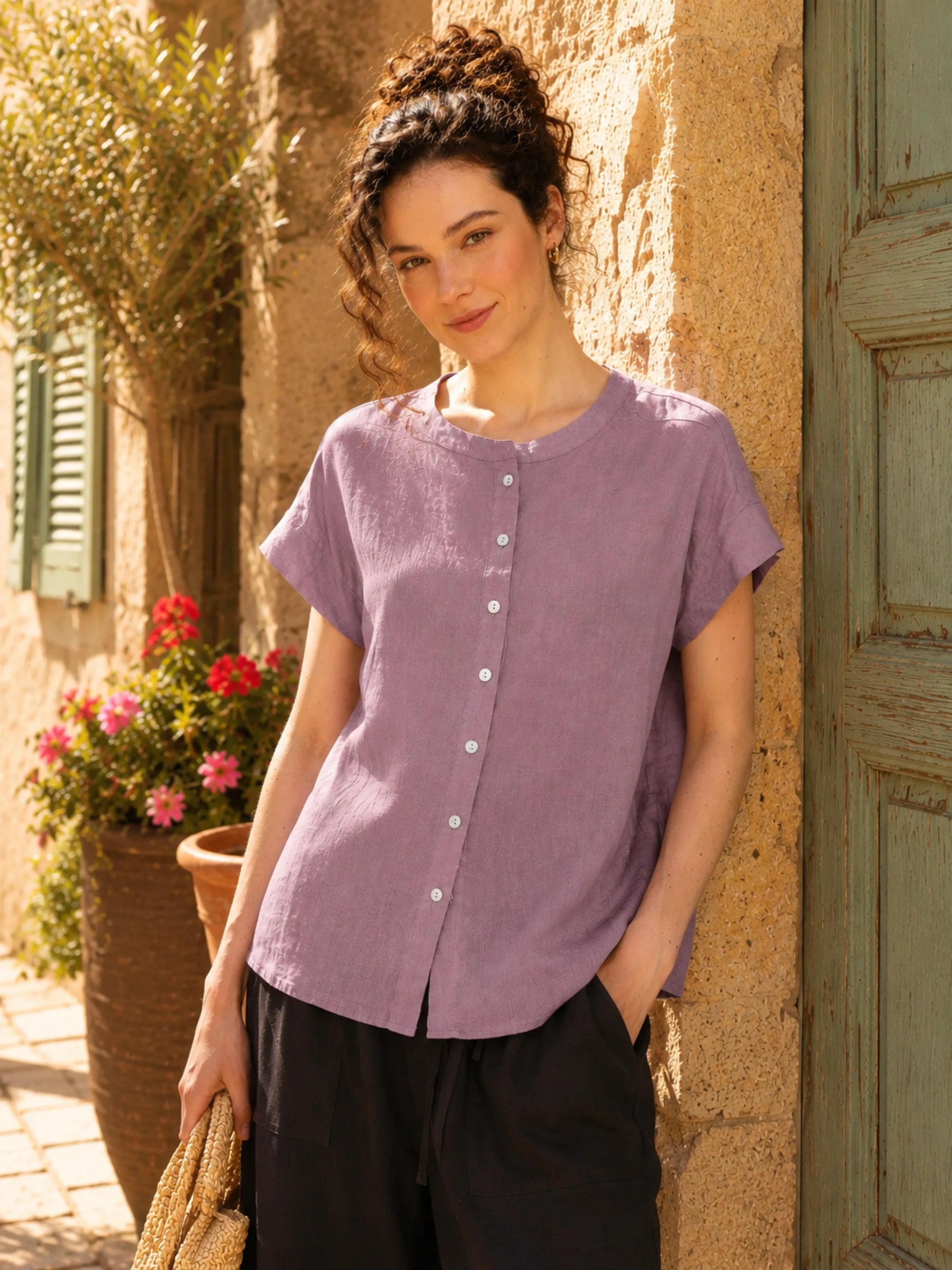 100% Linen Mandarin Collar Cap Sleeve Full Button Blouse