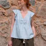 100% Linen V-neck Ruched Front Ruffle Shoulder Blouse
