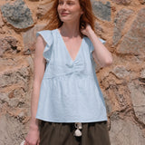 100% Linen V-neck Ruched Front Ruffle Shoulder Blouse