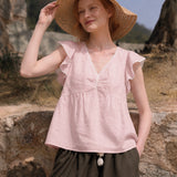 100% Linen V-neck Ruched Front Ruffle Shoulder Blouse