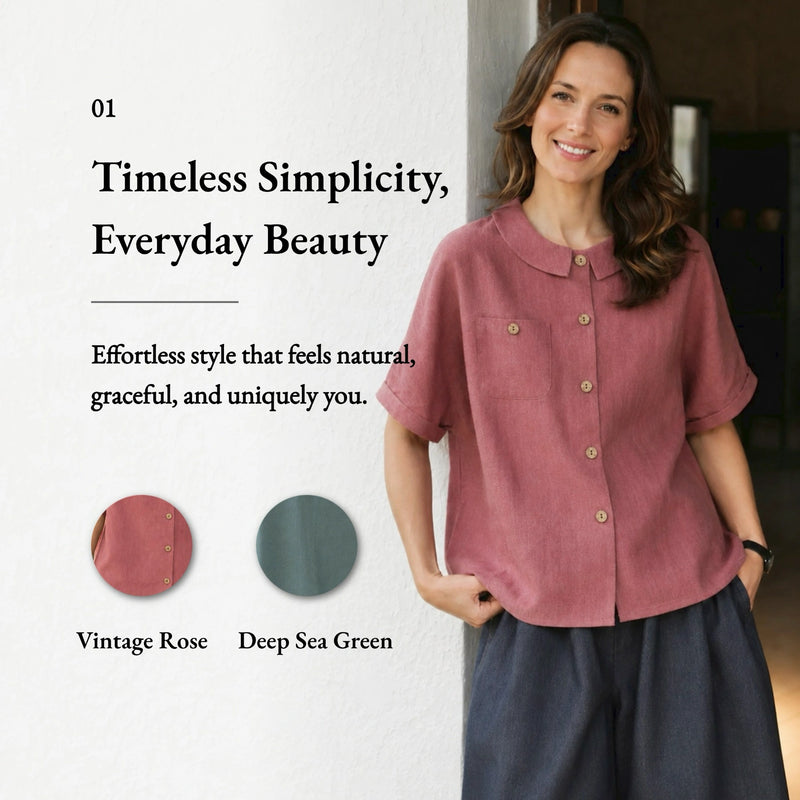 100% Linen Collared Rolled Sleeve Chest Pocket Blouse