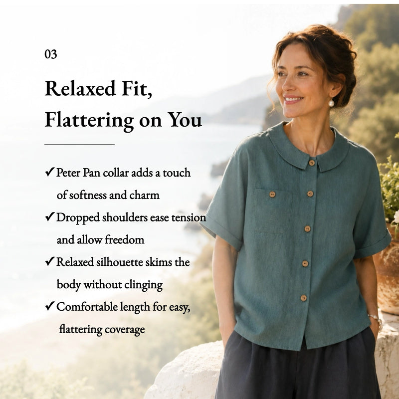 100% Linen Collared Rolled Sleeve Chest Pocket Blouse