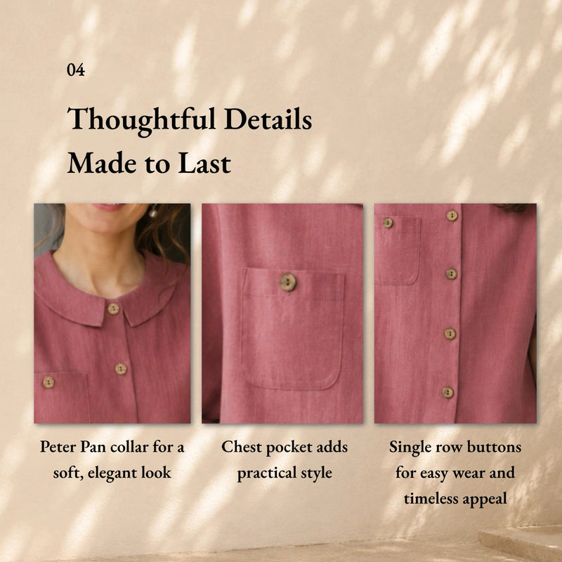 100% Linen Collared Rolled Sleeve Chest Pocket Blouse