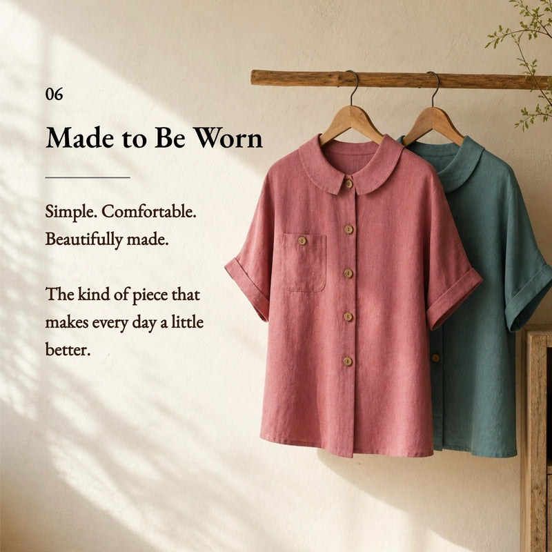 100% Linen Collared Rolled Sleeve Chest Pocket Blouse