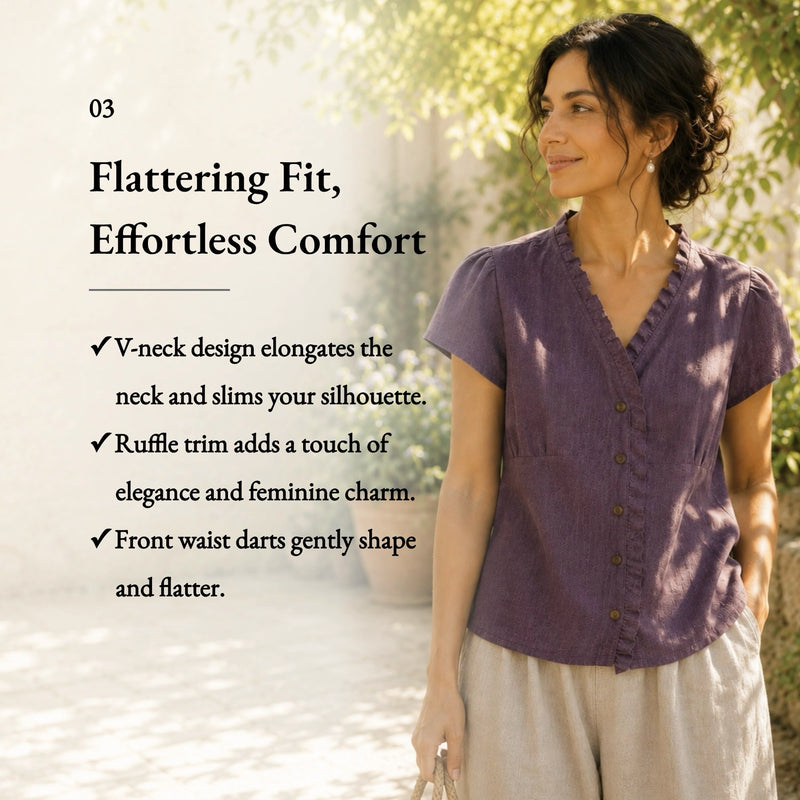 100% Linen V-neck Ruffle Trim Short Sleeve Blouse