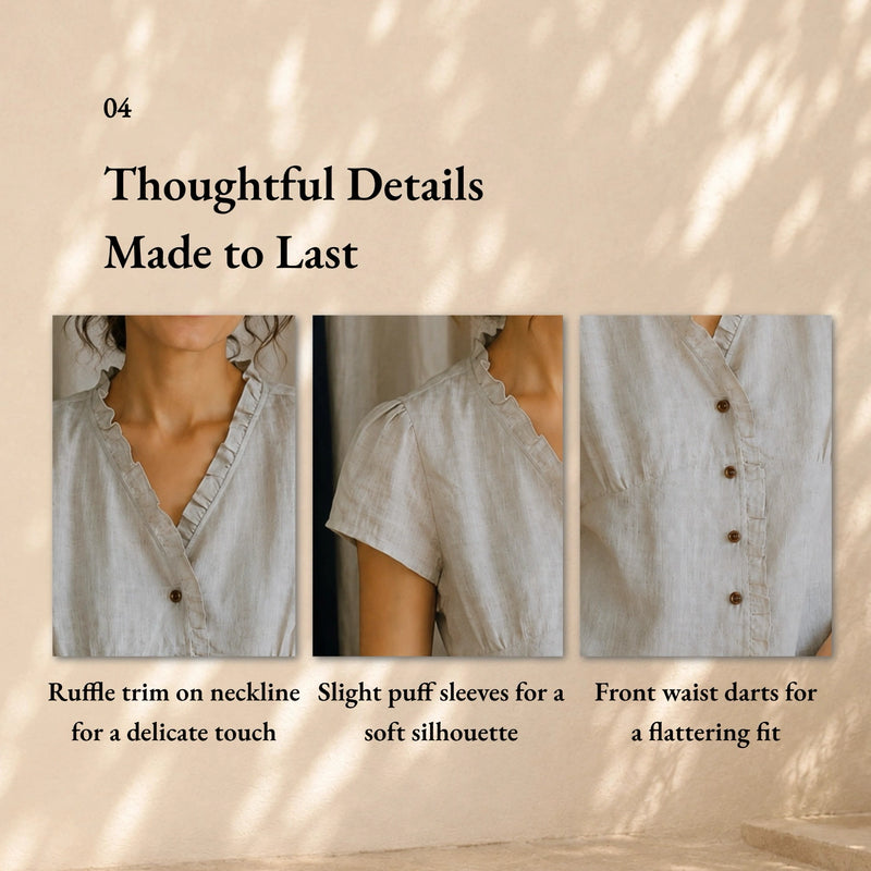 100% Linen V-neck Ruffle Trim Short Sleeve Blouse