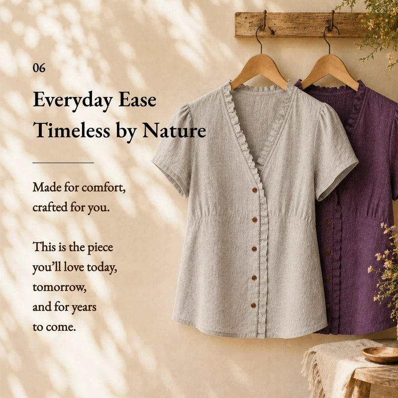 100% Linen V-neck Ruffle Trim Short Sleeve Blouse