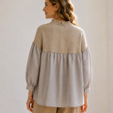 100% Linen Mixed Panel Striped Long Sleeve Blouse