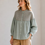 100% Linen Mixed Panel Striped Long Sleeve Blouse