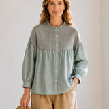 100% Linen Mixed Panel Striped Long Sleeve Blouse