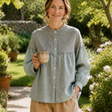 100% Linen Mixed Panel Striped Long Sleeve Blouse