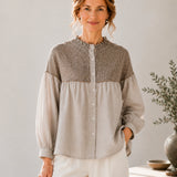 100% Linen Mixed Panel Striped Long Sleeve Blouse