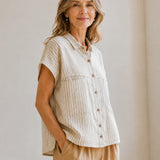 100% Linen Stripe Double Chest Pocket Short Sleeve Shirt