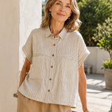 100% Linen Stripe Double Chest Pocket Short Sleeve Shirt