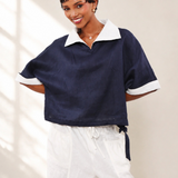 100% Linen Contrast Trim Drawstring Blouse