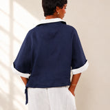 100% Linen Contrast Trim Drawstring Blouse