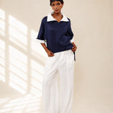 100% Linen Contrast Trim Drawstring Blouse