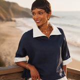 100% Linen Contrast Trim Drawstring Blouse