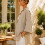 100% Linen Elegant Lapel 7/8 Sleeve Blouse