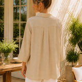 100% Linen Elegant Lapel 7/8 Sleeve Blouse