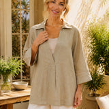 100% Linen Elegant Lapel 7/8 Sleeve Blouse