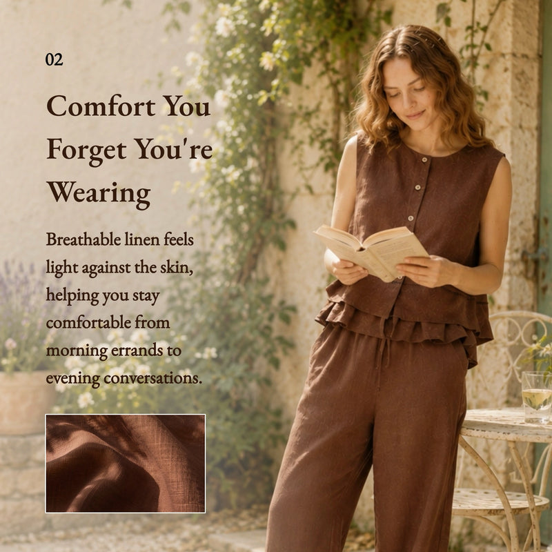 100% Linen Button Down Embroidery Ruffle Hem Tank Top