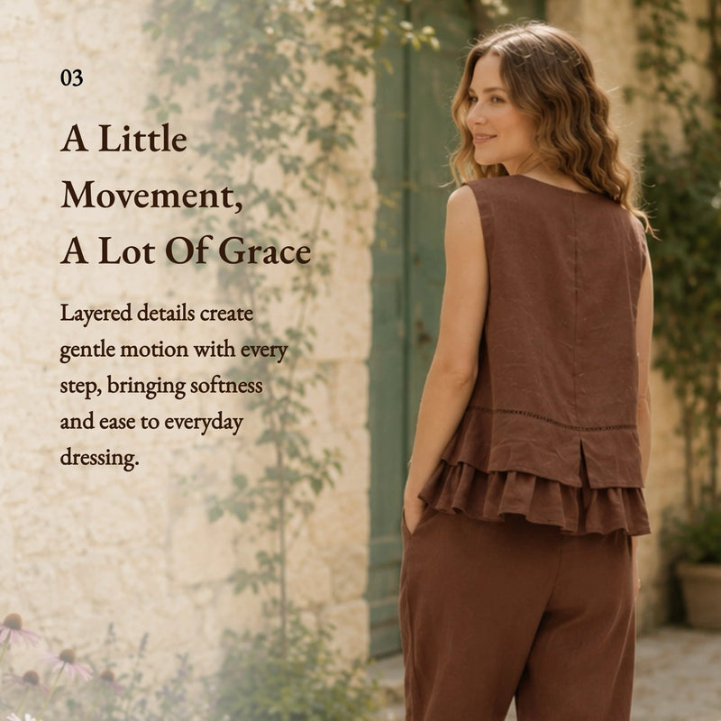 100% Linen Button Down Embroidery Ruffle Hem Tank Top
