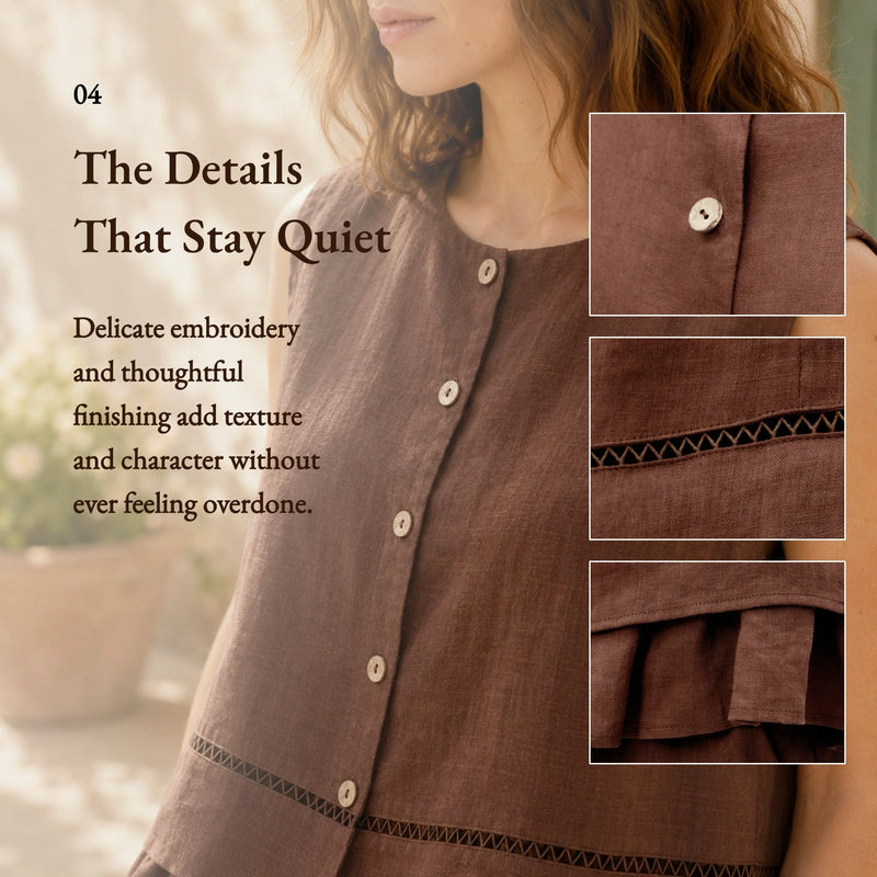 100% Linen Button Down Embroidery Ruffle Hem Tank Top
