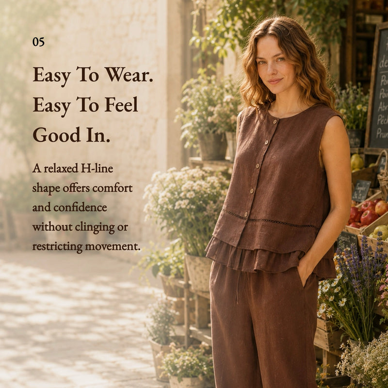 100% Linen Button Down Embroidery Ruffle Hem Tank Top