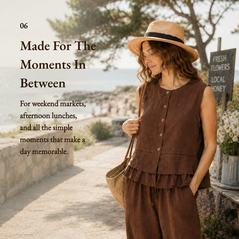 100% Linen Button Down Embroidery Ruffle Hem Tank Top