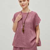 100% Linen Round Neck Cap Sleeve Relaxed Blouse