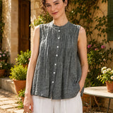 100% Linen Pleated Sleeveless Blouse