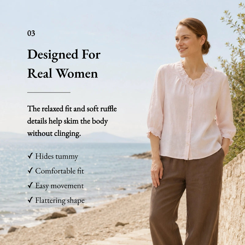 100% Linen Ruffle Trim Half Sleeve Shirt