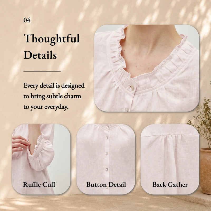 100% Linen Ruffle Trim Half Sleeve Shirt