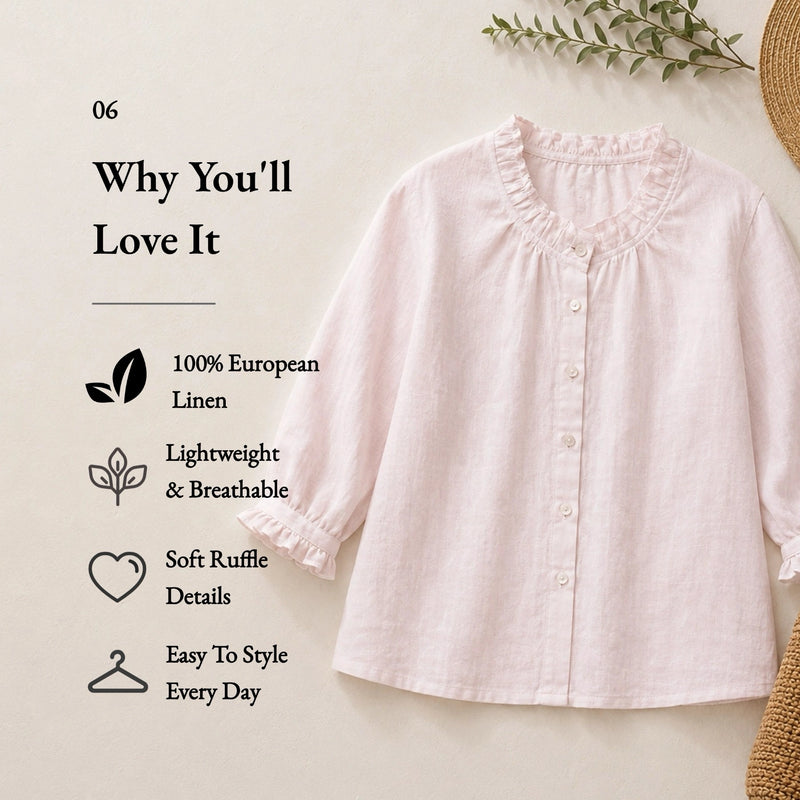 100% Linen Ruffle Trim Half Sleeve Shirt