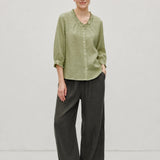 100% Linen Ruffle Trim Half Sleeve Shirt