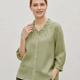 100% Linen Ruffle Trim Half Sleeve Shirt